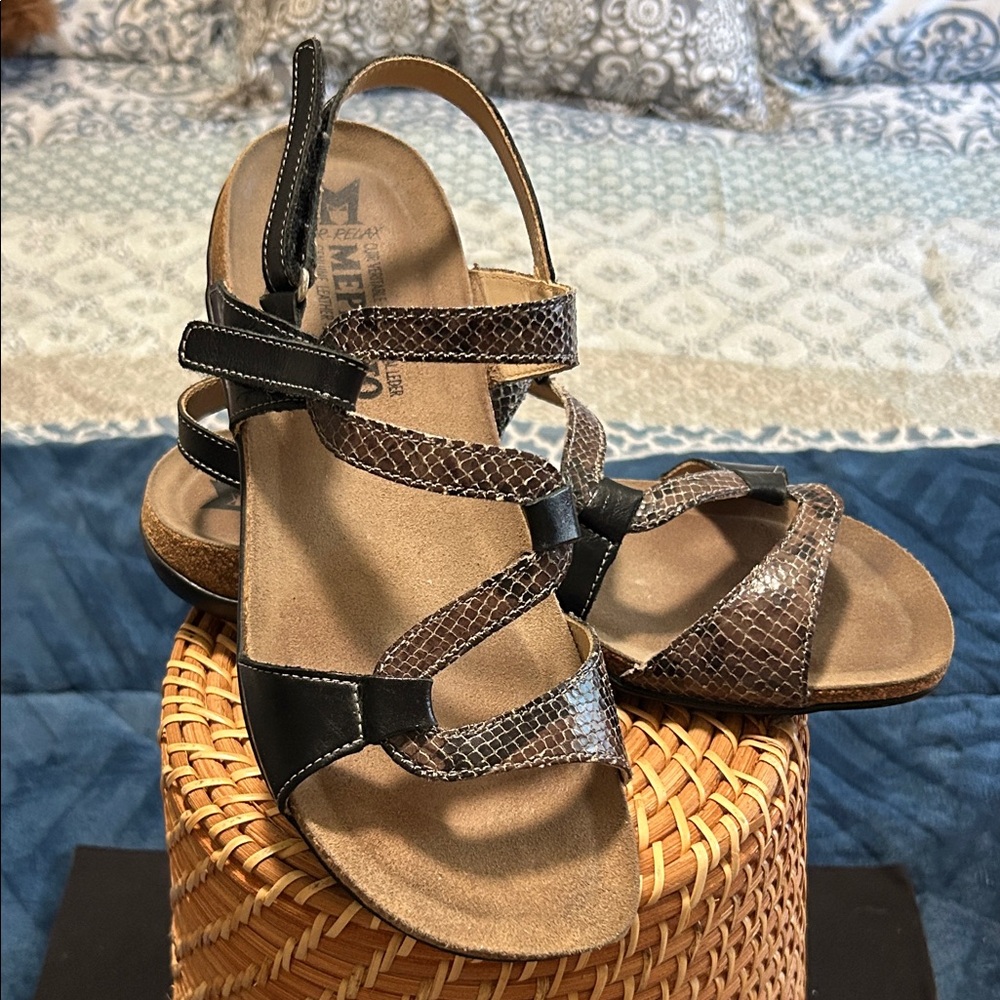 Mephisto Black and Brown Leather Snake Print Sandals